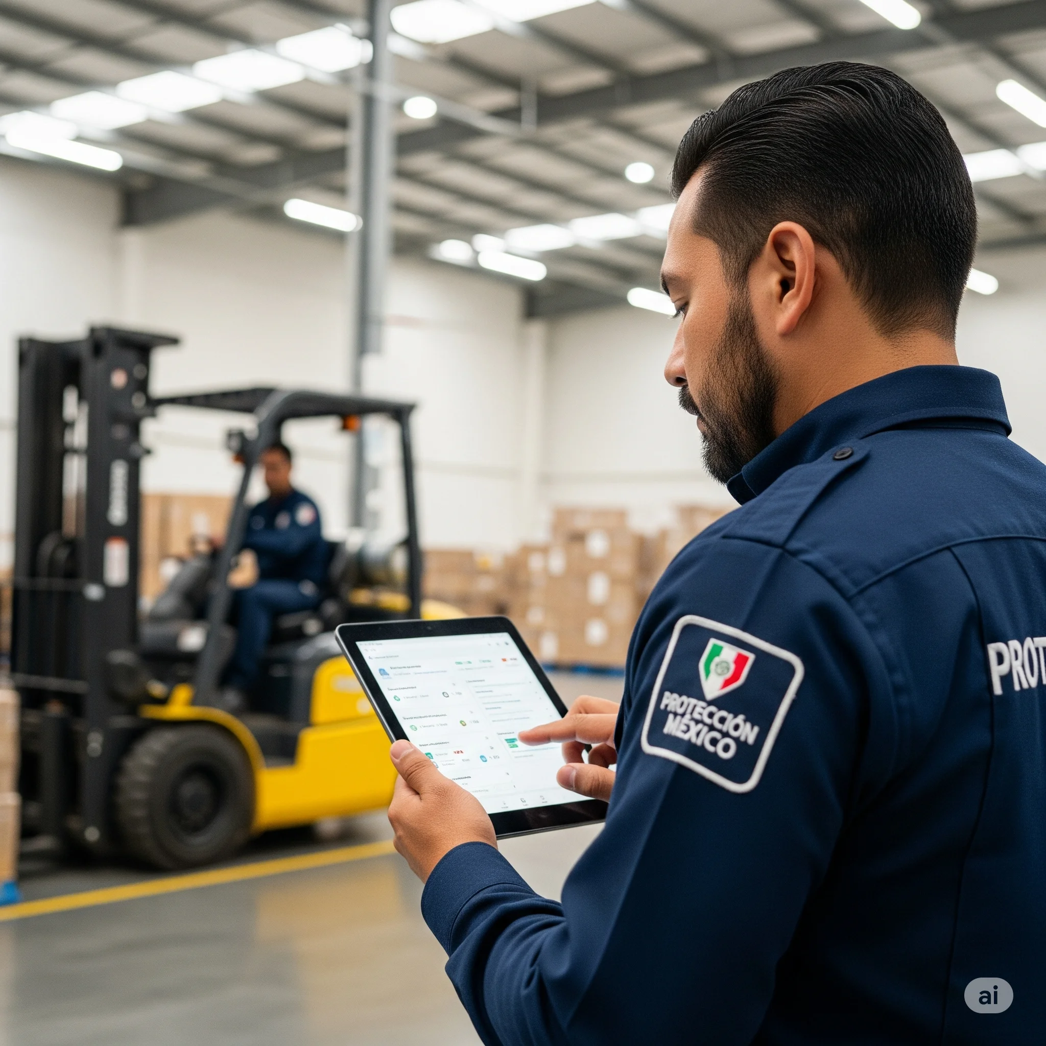 Supervisor de PMX usando tecnología para monitorear una bodega