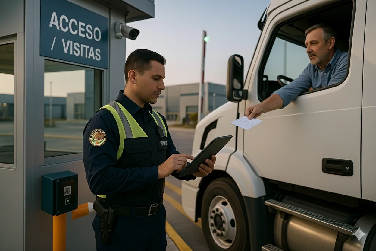 Oficial registrando un camión en la entrada de una planta.