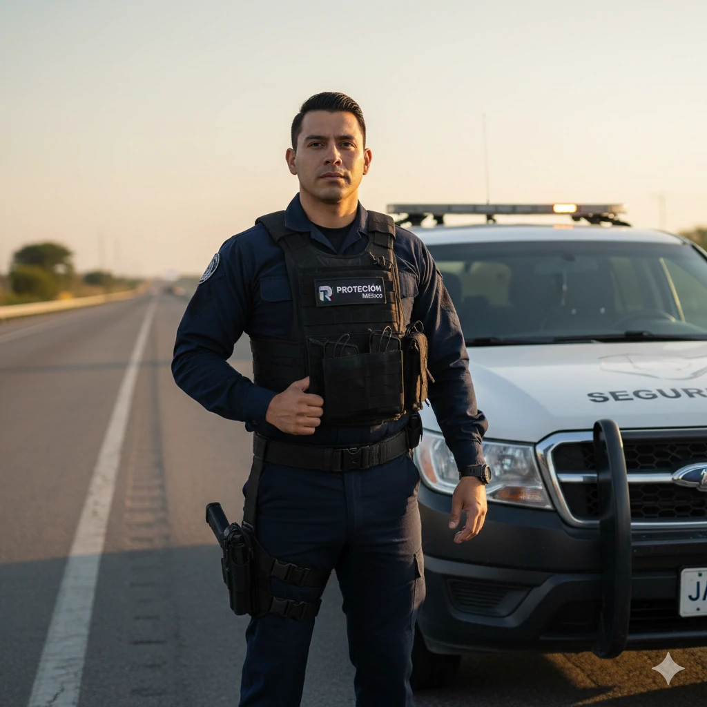 Custodio armado de élite junto a una patrulla de reacción.