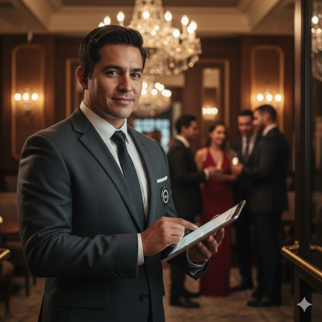 Host de seguridad profesional revisando reservaciones.