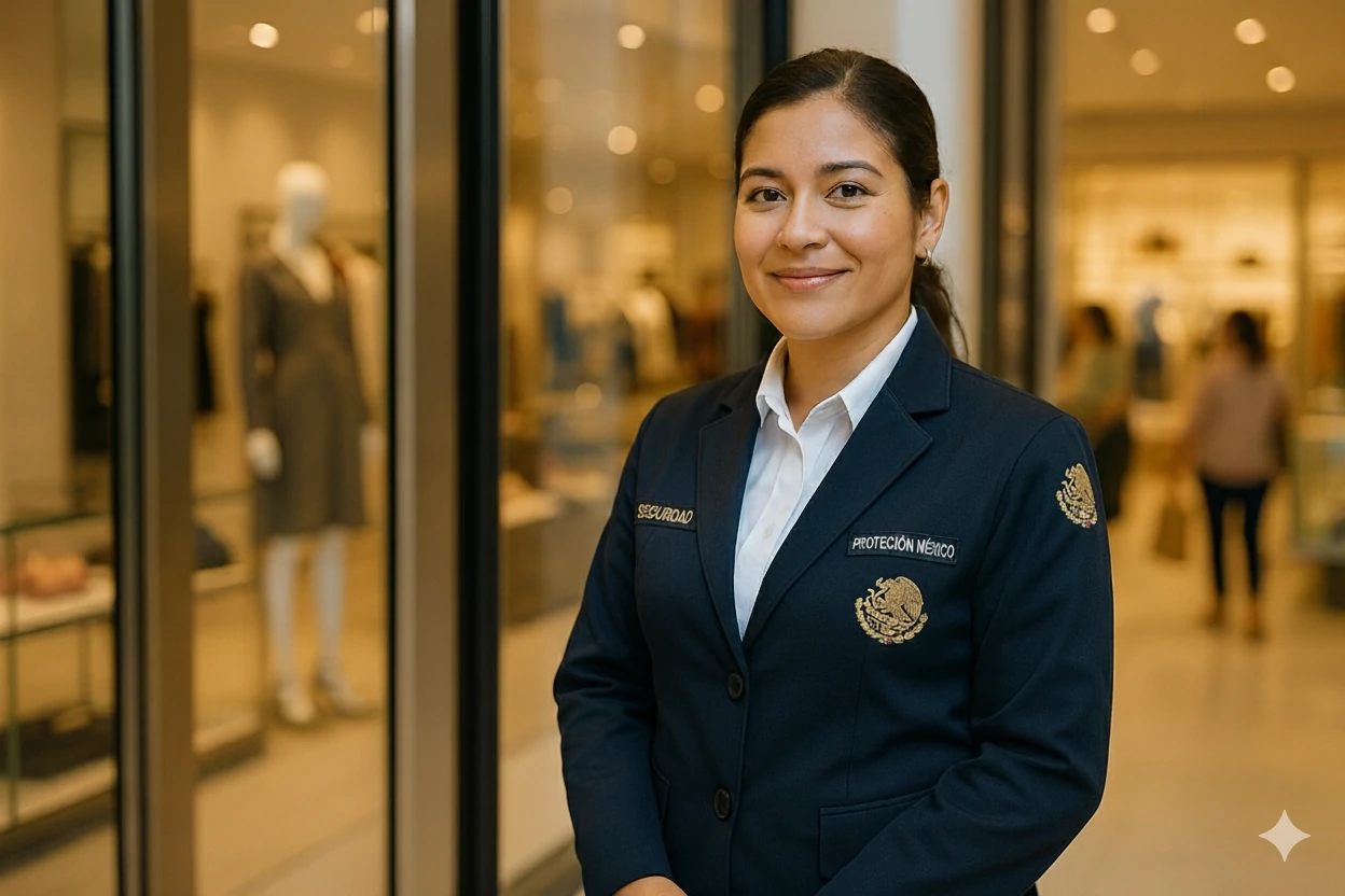Oficial de seguridad profesional y amable en una tienda.