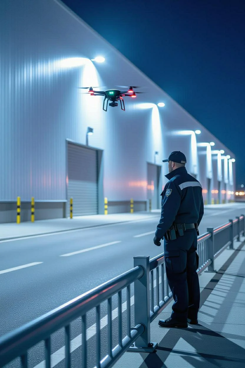 Guardia patrullando el perímetro de una bodega de noche.