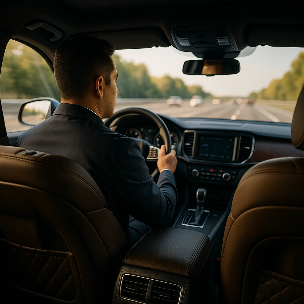 Interior de un vehículo blindado de lujo en movimiento.