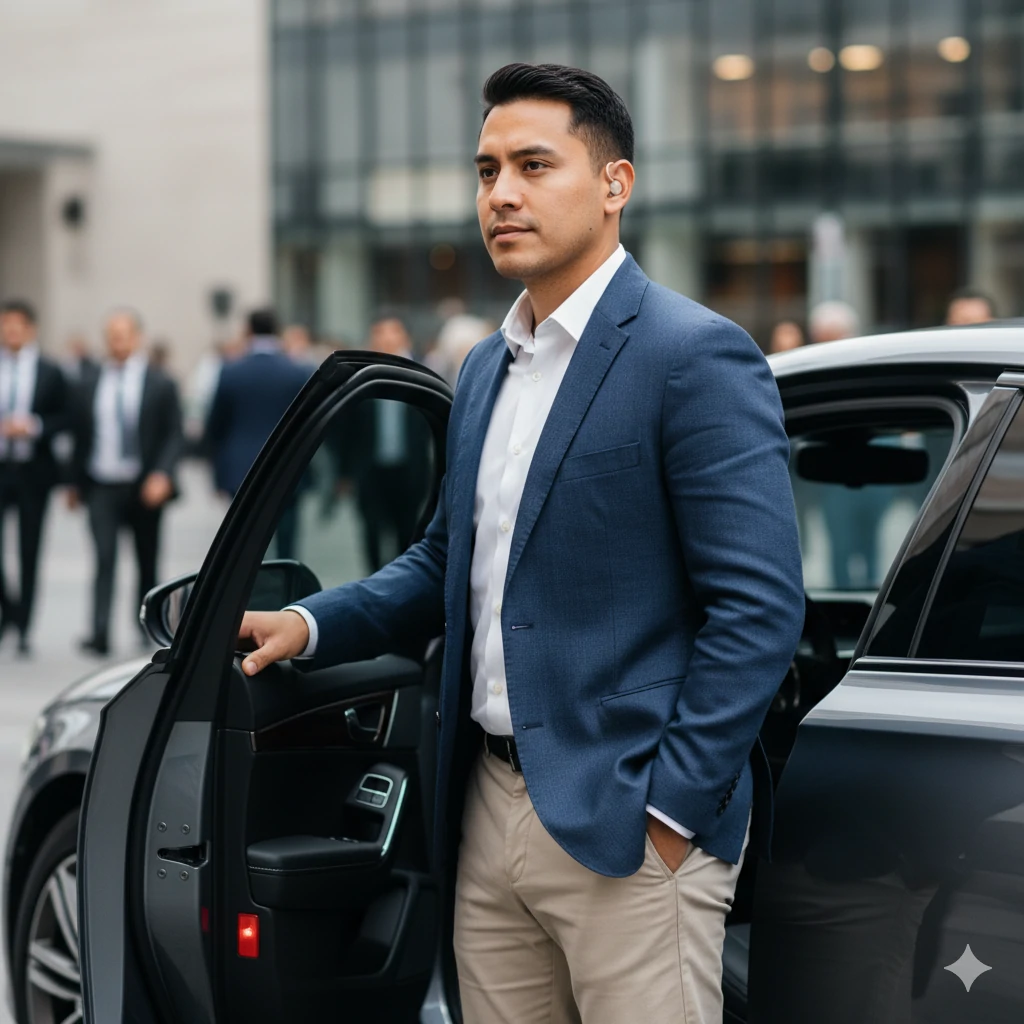 Escolta de bajo perfil asistiendo a un cliente.