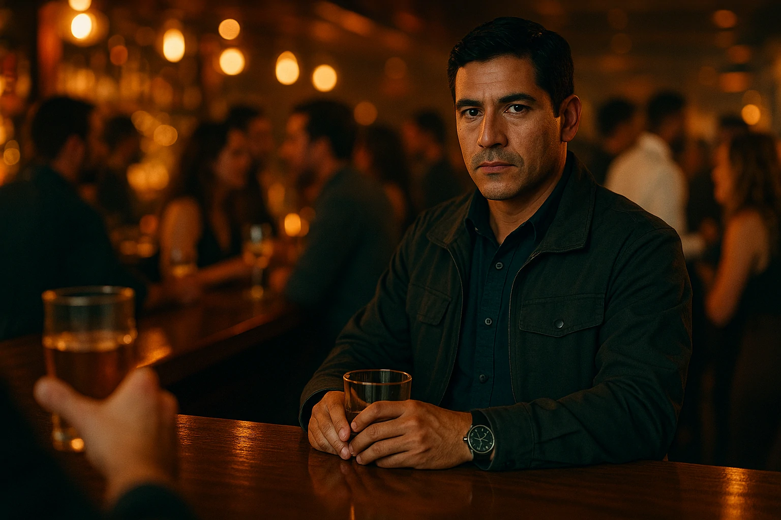 Oficial encubierto vigilando discretamente dentro de un bar.